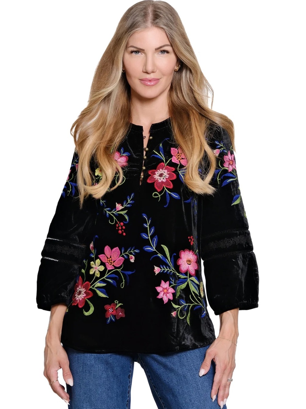 John Mark Black Velvet Embroidered Tunic Sz M 3/4 Sleeve Top NWT